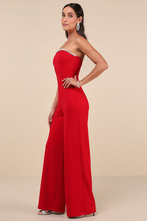 Lulus Lavish Muse Red Rhinestone Strapless Jumpsuit In Red