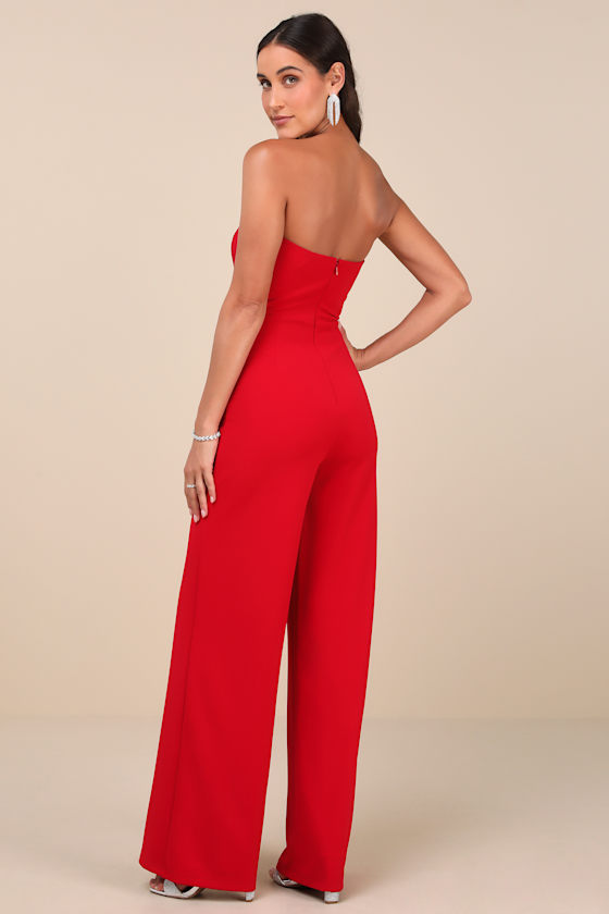 Lulus Lavish Muse Red Rhinestone Strapless Jumpsuit In Red