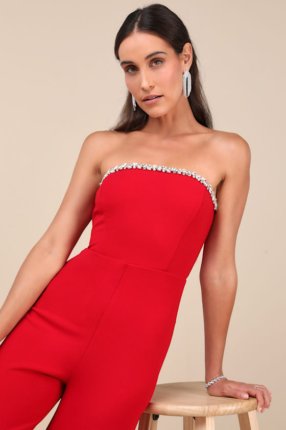 Lulus Lavish Muse Red Rhinestone Strapless Jumpsuit In Red