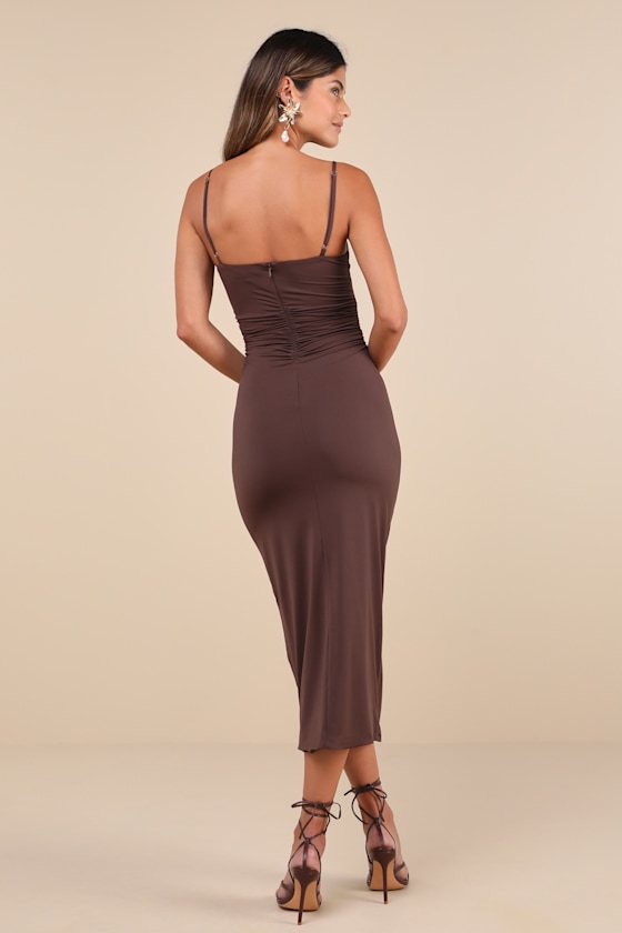 LULUS MESMERIZING REPUTATION BROWN TWIST-FRONT BODYCON MIDI DRESS