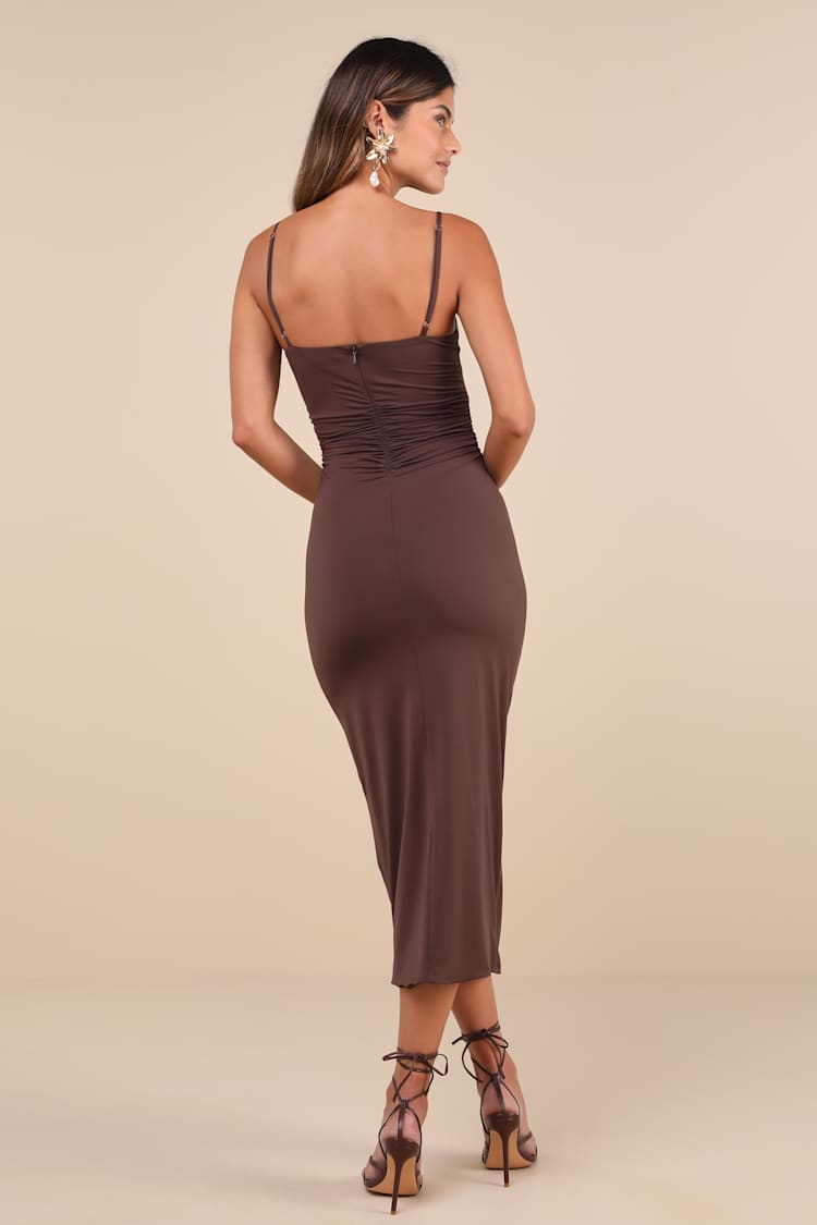 Mesmerizing Reputation Brown Twist-Front Bodycon Midi Dress