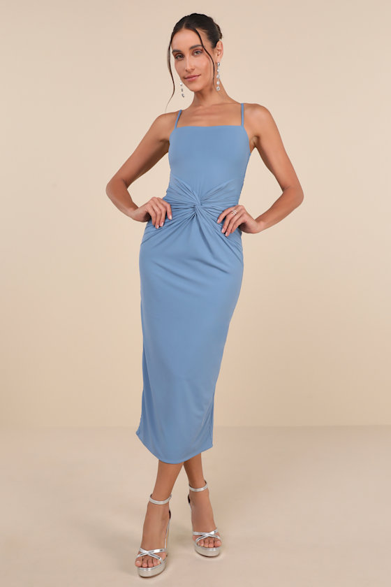 Slate Blue Midi Dress - Twist-Front Midi Dress - Slinky Dress - Lulus