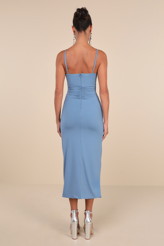 Lulus Mesmerizing Reputation Slate Blue Twist-front Bodycon Midi Dress In Slate Blue