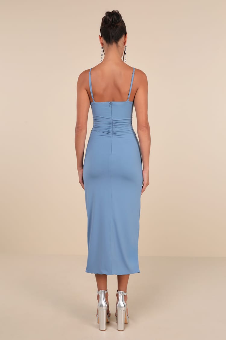 Mesmerizing Reputation Slate Blue Twist-Front Bodycon Midi Dress