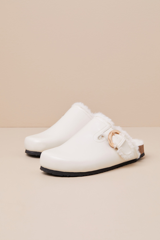 Lulus Carrina Bone Faux Fur Buckle Mule Slides In White