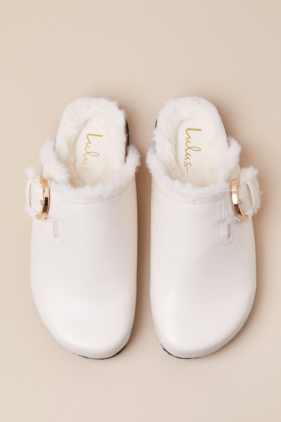 Lulus Carrina Bone Faux Fur Buckle Mule Slides In White