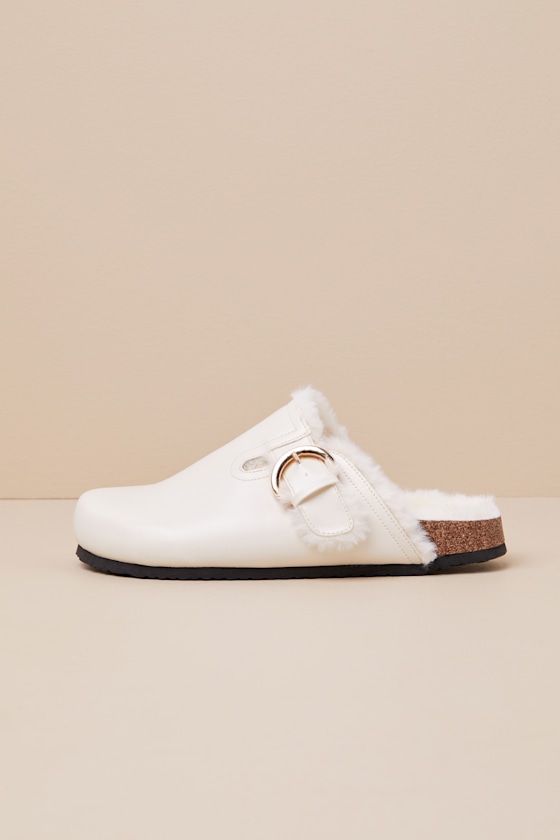 Lulus Carrina Bone Faux Fur Buckle Mule Slides In White
