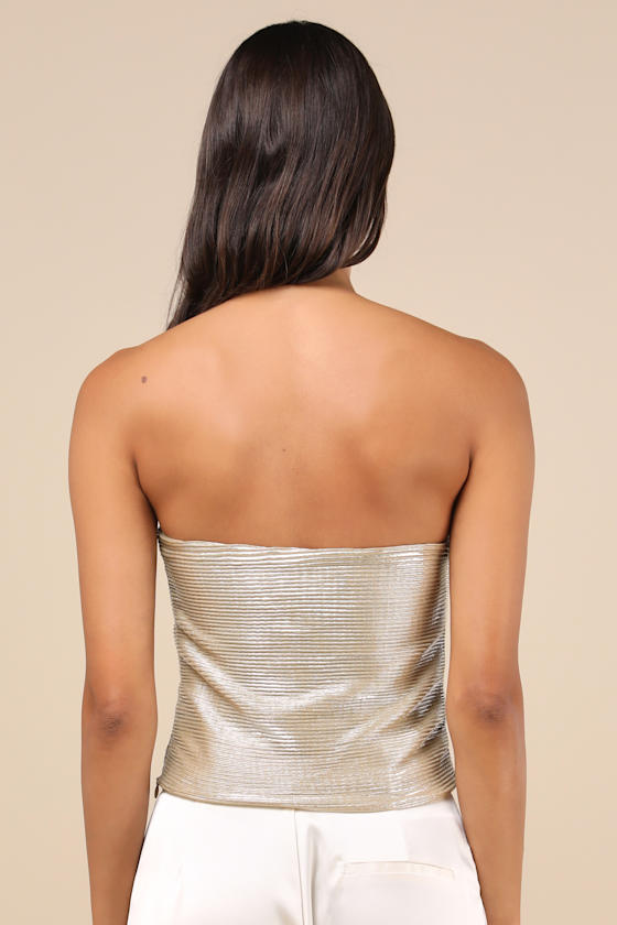 Lulus Fashionista Flair Shiny Champagne Bow Strapless Top In Champagne