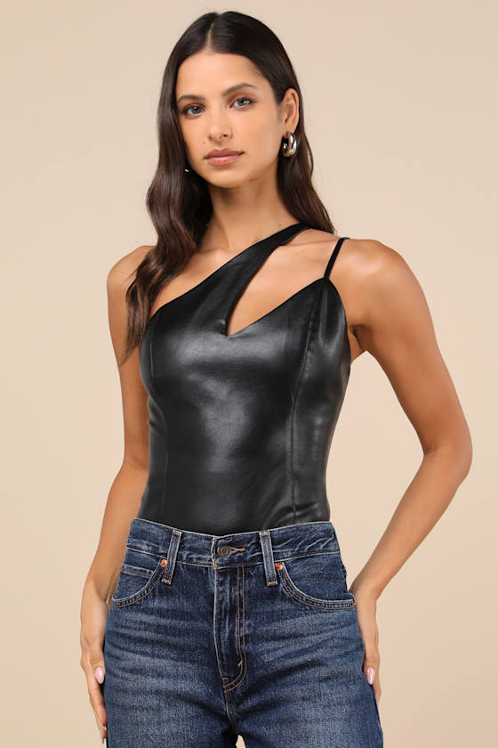 Lulus Attractive Influence Black Vegan Leather One-shoulder Bodysuit In Black