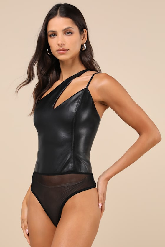 Lulus Attractive Influence Black Vegan Leather One-shoulder Bodysuit In Black