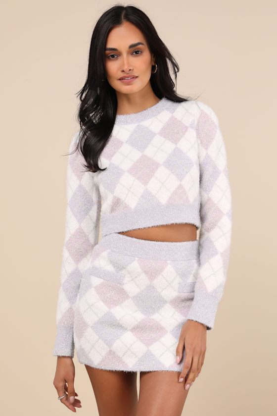 Seasonal Sparkle Lilac Argyle Cropped Sweater 1