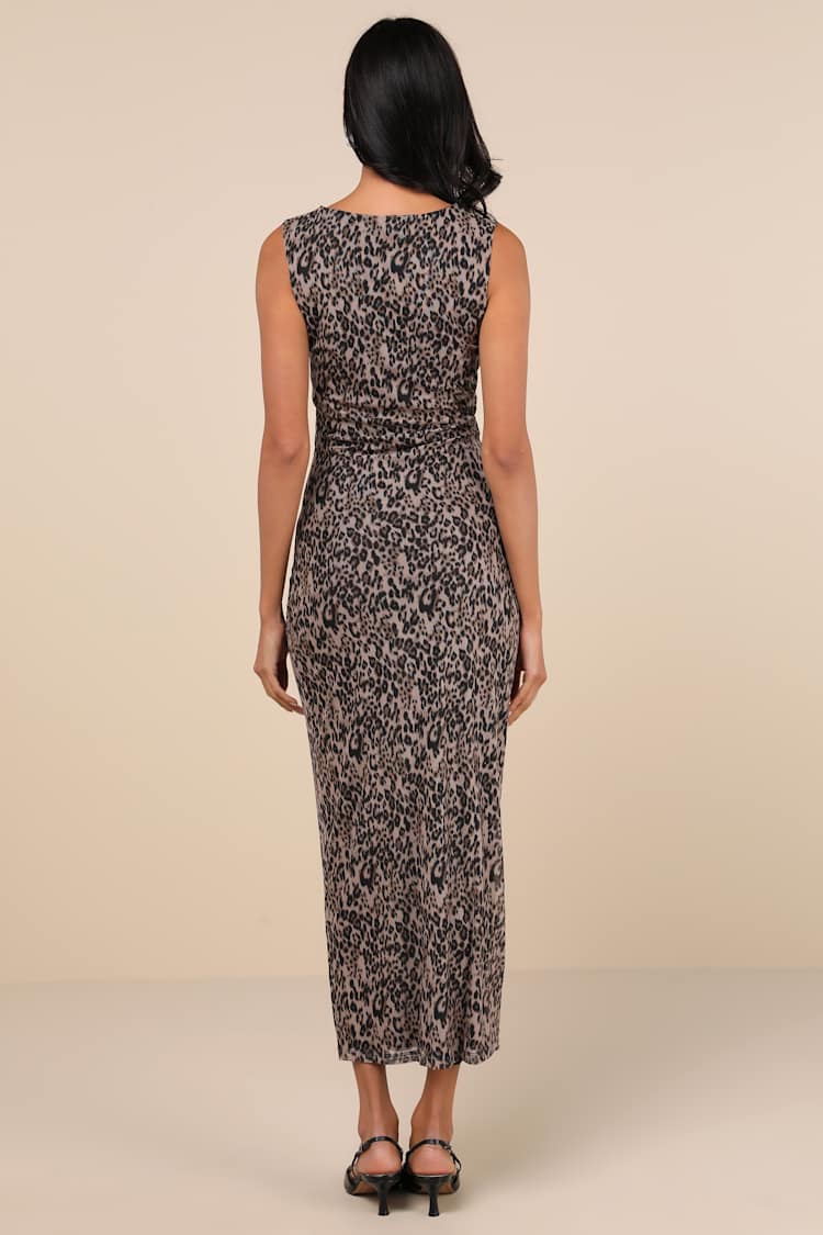 Derry Beige Leopard Print Mesh Maxi Dress