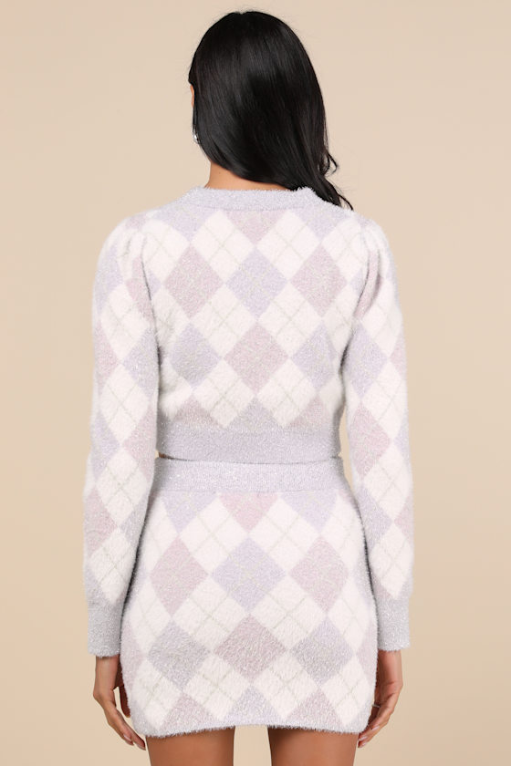 GLAMOROUS POSITIVELY PRISTINE LILAC ARGYLE LUREX SWEATER MINI SKIRT