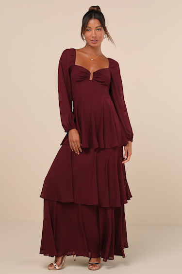 lulus long sleeve burgundy dress Maxi - Tiered Maxi Dress - Balloon Dress Lulus Exclusive Size:Adult | 45|R イブニングドレス Best Wedding Dress Best