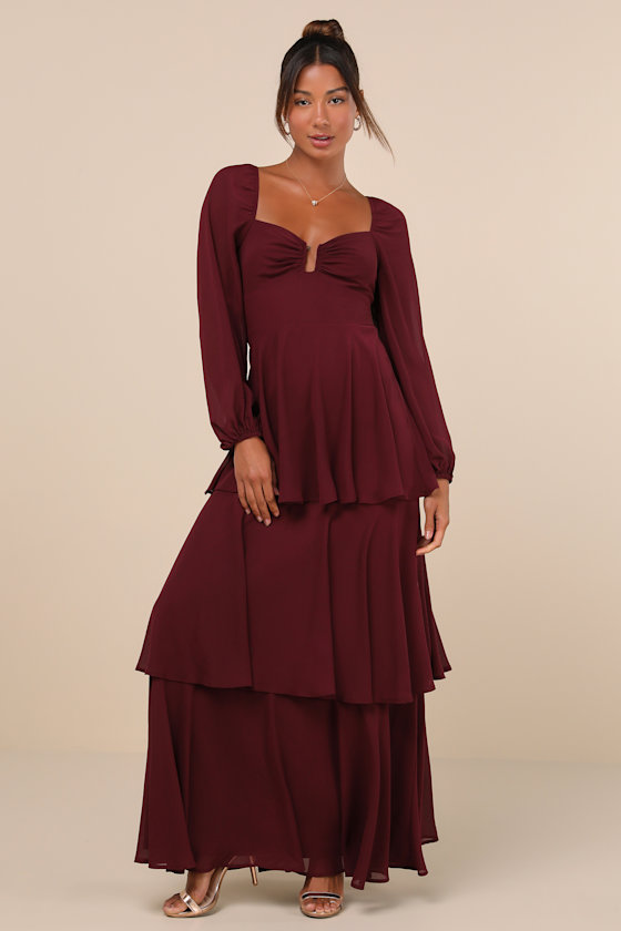 Tier to Enchant Burgundy Long Sleeve Tiered Maxi Dress 4