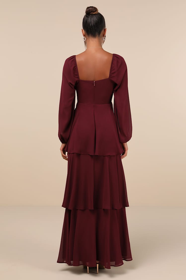 Tier to Enchant Burgundy Long Sleeve Tiered Maxi Dress