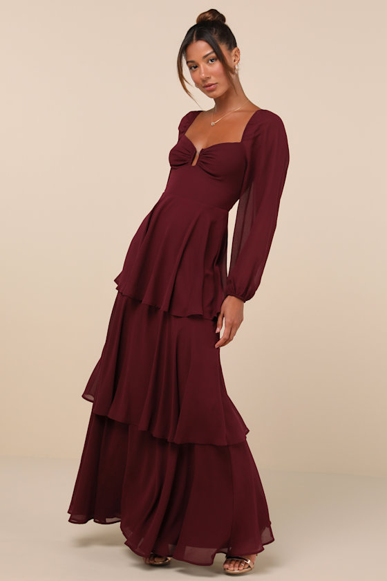 Lulus Tier To Enchant Burgundy Long Sleeve Tiered Maxi Dress In Burgundy
