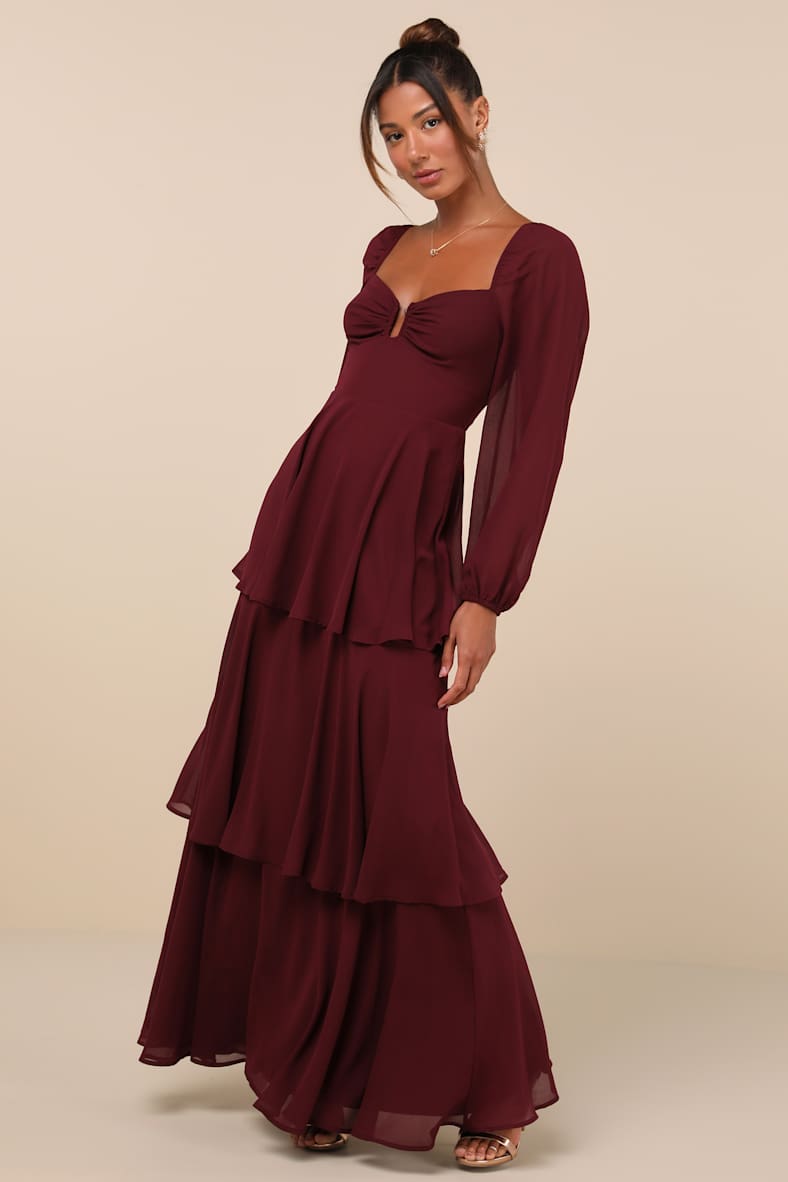 Tier to Enchant Burgundy Long Sleeve Tiered Maxi Dress