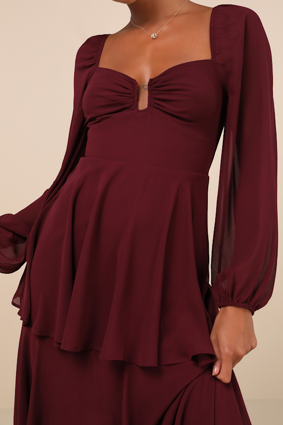 Lulus Tier To Enchant Burgundy Long Sleeve Tiered Maxi Dress In Burgundy