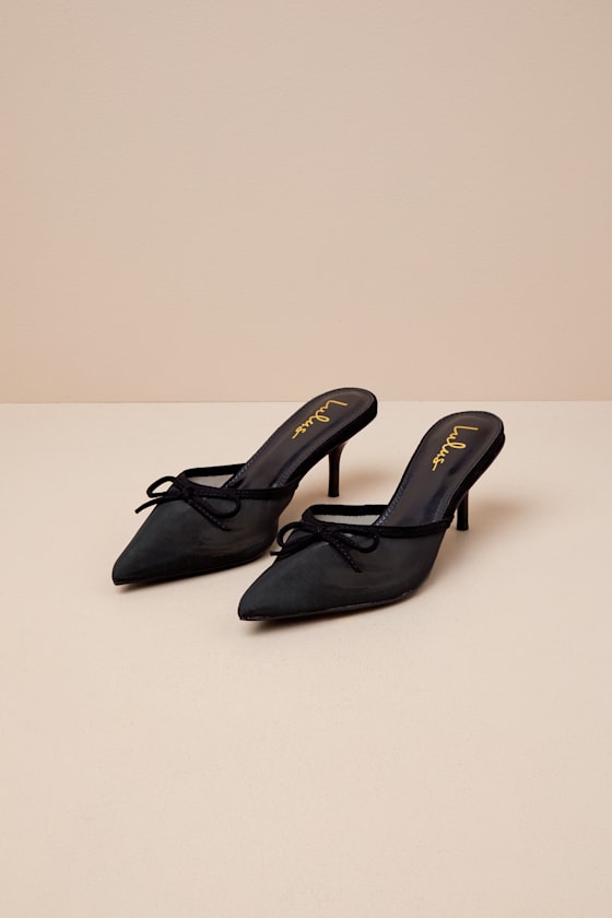 Cheralynn Black Mesh Bow Pointed-Toe Mule Pumps 1