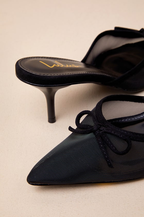 Lulus Cheralynn Black Mesh Bow Pointed-toe Mule Pumps In Black