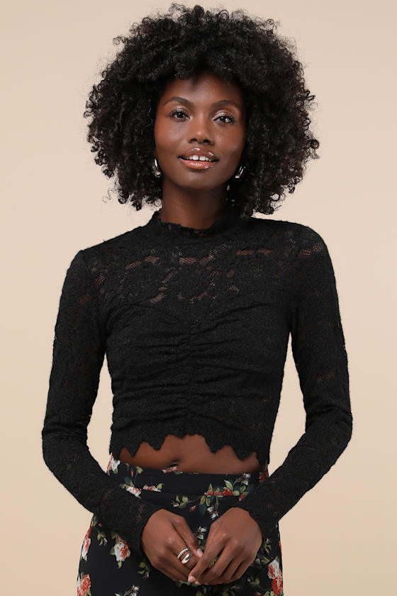 Exquisite Essential Black Fuzzy Lace Ruched Long Sleeve Top 1