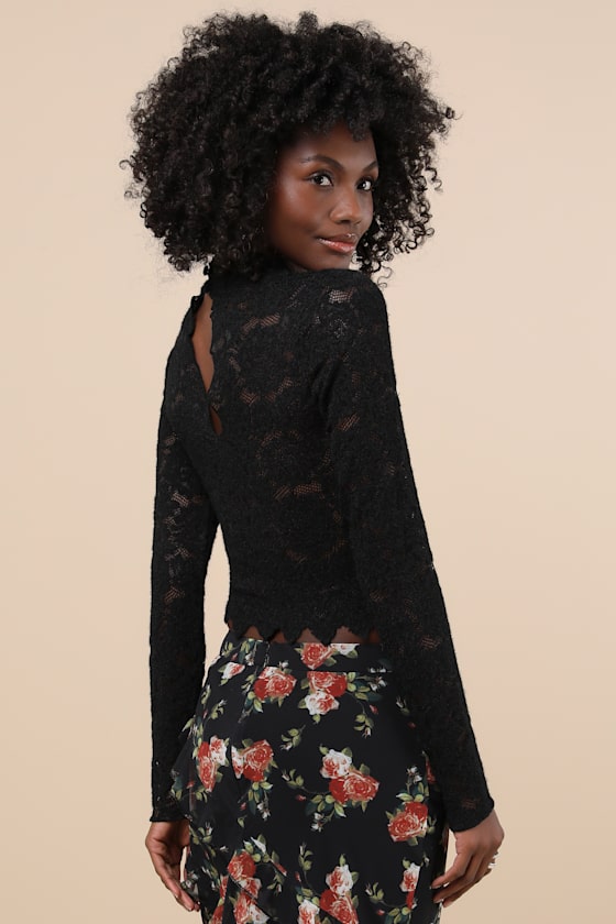 Lulus Exquisite Essential Black Fuzzy Lace Ruched Long Sleeve Top In Black