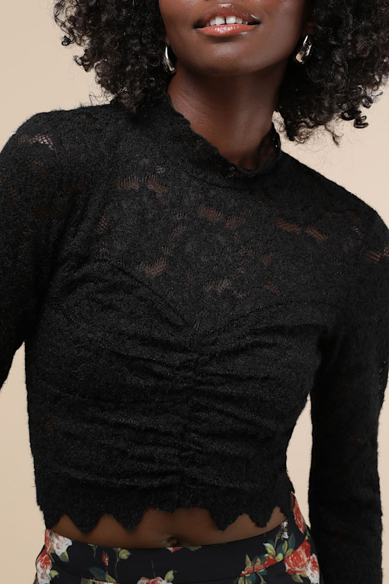Lulus Exquisite Essential Black Fuzzy Lace Ruched Long Sleeve Top In Black