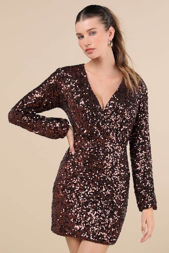 Lulus Indescribable Shine Brown Sequin Long Sleeve Mini Dress In Brown