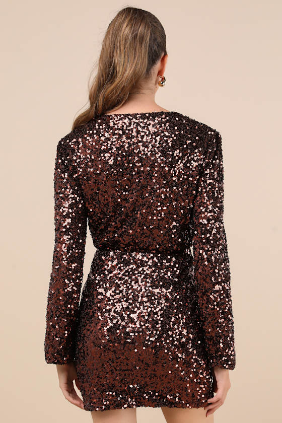 Lulus Indescribable Shine Brown Sequin Long Sleeve Mini Dress In Brown