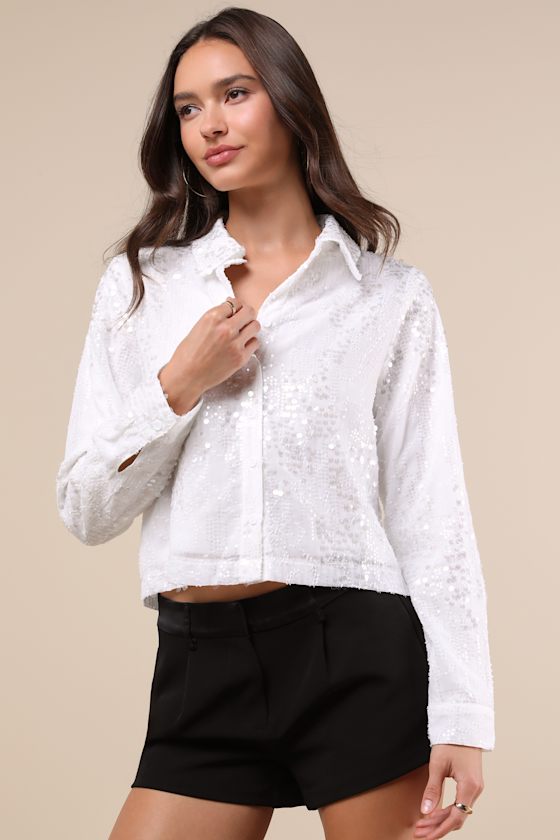 Glowing Sophistication White Sequin Button-Up Top 1