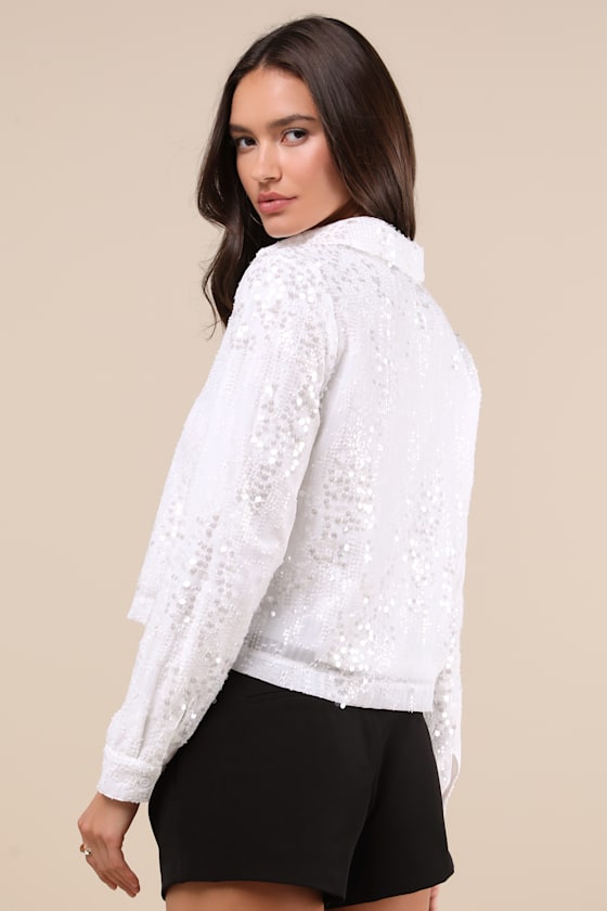 Lulus Glowing Sophistication White Sequin Button-up Top In White