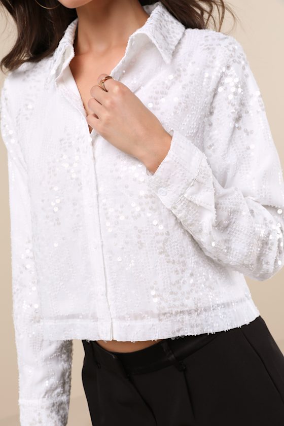 Lulus Glowing Sophistication White Sequin Button-up Top In White