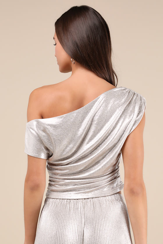 Lulus Spectacular Shimmer Champagne Lurex Ruched Top In Champagne