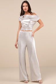 Spectacular Shimmer Champagne Lurex Plisse Wide-Leg Pants 1