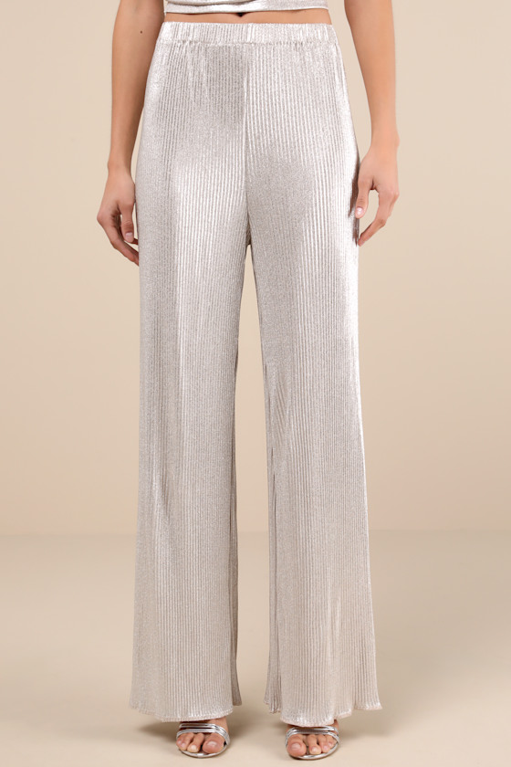 Lulus Spectacular Shimmer Champagne Lurex Plisse Wide-leg Pants In Champagne