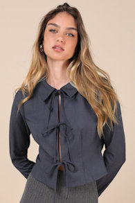 Trendy Potential Dark Slate Tie-Front Long Sleeve Top