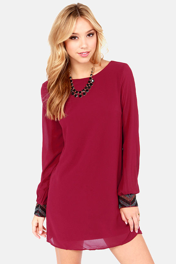 Cute Wine Red Dress - Beaded Dress - Long Sleeve Dress - $59.00 - Lulus