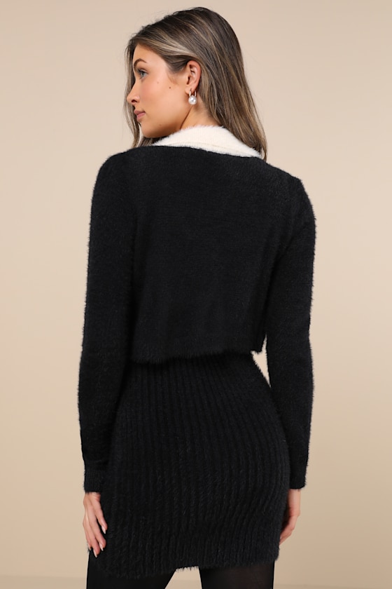 Shop Lulus Splendid Duo Black Eyelash Knit Two-piece Dress & Cardigan Set
