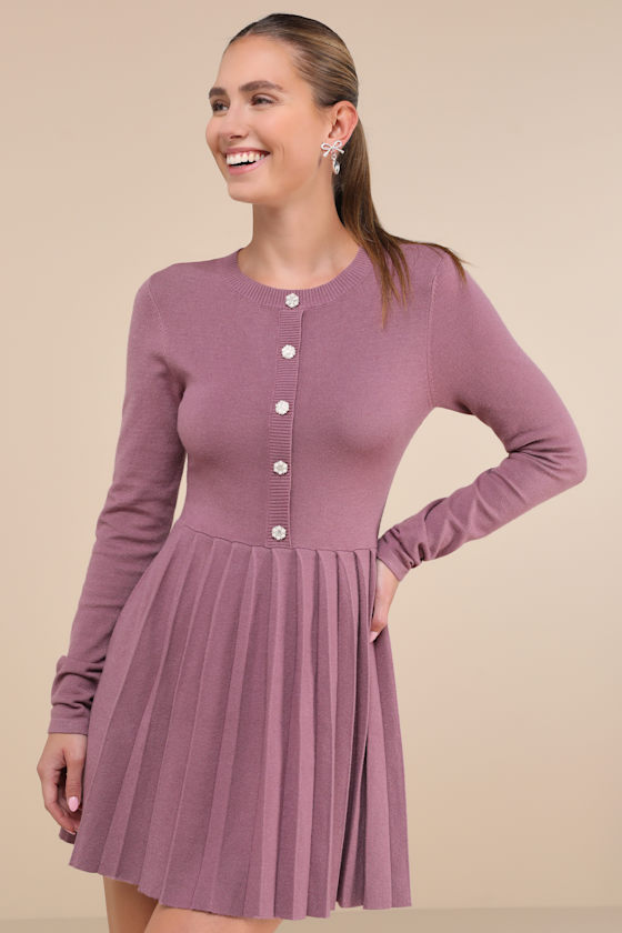 Short Sleeve Button-Up Knitted Mini Dress - Purple