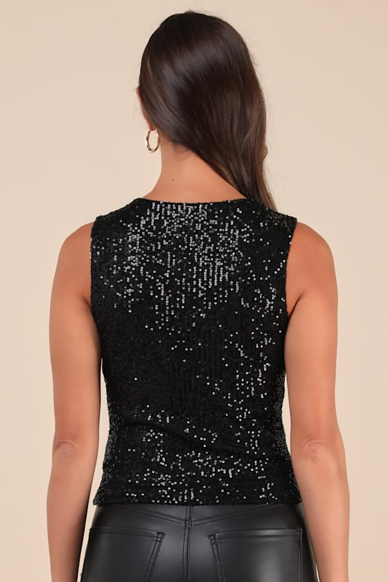 LULUS EXCEPTIONALLY FABULOUS BLACK SEQUIN V-NECK CROPPED TANK TOP 
