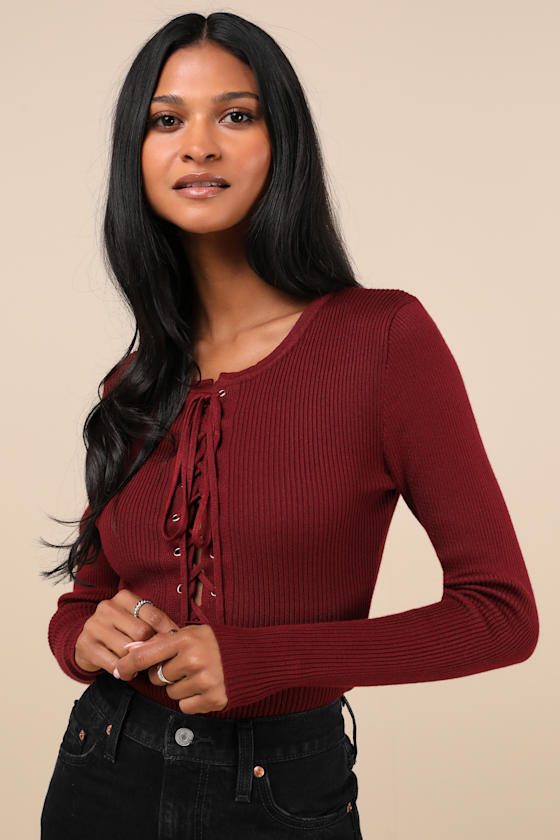 Intriguing Favorite Dark Red Lace-Up Sweater Top 2