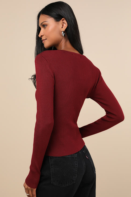 Lulus Intriguing Favorite Dark Red Lace-up Sweater Top In Dark Red