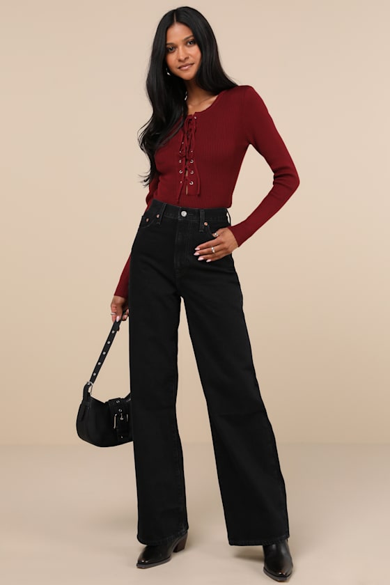 Lulus Intriguing Favorite Dark Red Lace-up Sweater Top In Dark Red