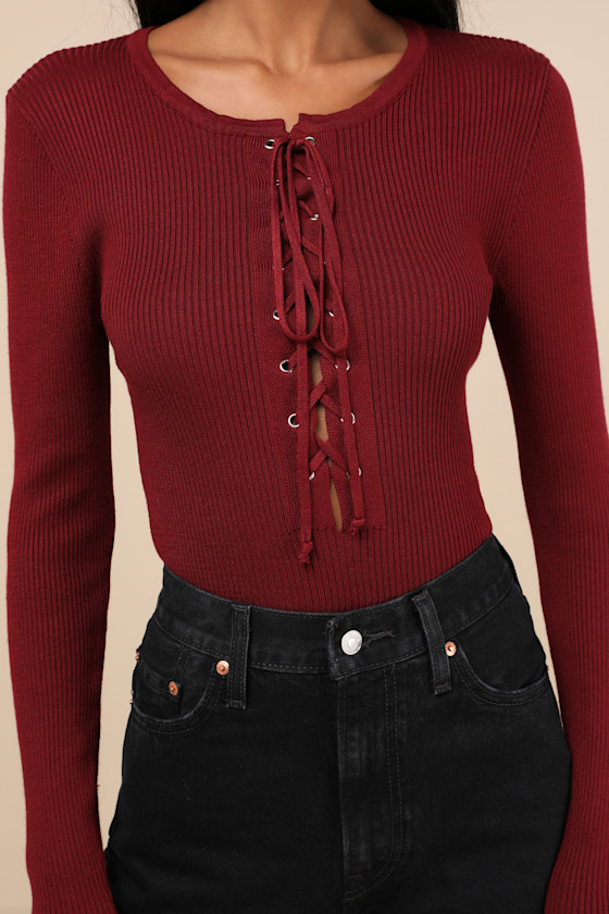 Lulus Intriguing Favorite Dark Red Lace-up Sweater Top In Dark Red