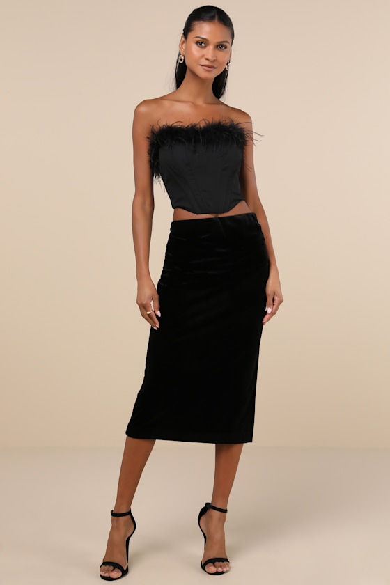 Exceptional Confidence Black Velvet Ruched Midi Skirt 5