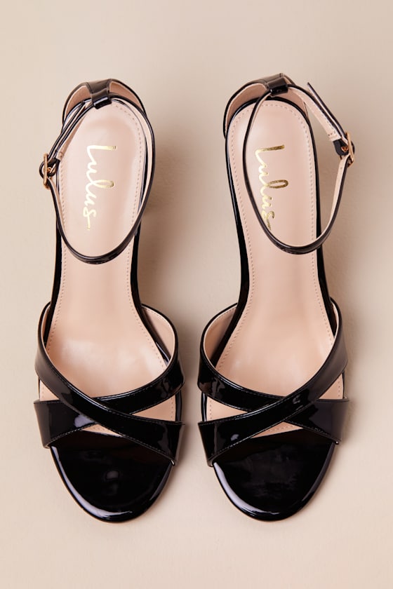 Lulus Viviey Black Patent Ankle Strap High Heel Sandals In Black