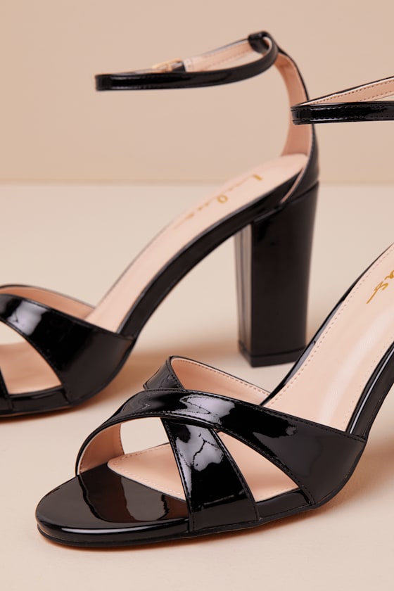 Lulus Viviey Black Patent Ankle Strap High Heel Sandals In Black