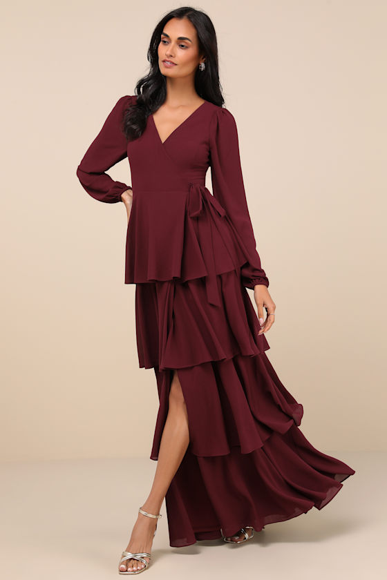 Marvelous Grace Plum Long Sleeve Tiered Wrap Maxi Dress 2