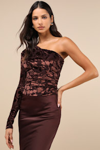 Chic Sense Dark Brown Burnout Velvet One-Shoulder Top 2